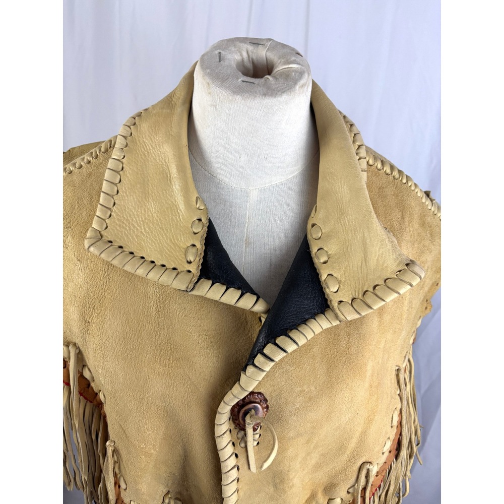 Vintage Leather Fringe Cape Vest Fort Grizzly Concho Western Boho Medium Rare - Picture 14 of 16